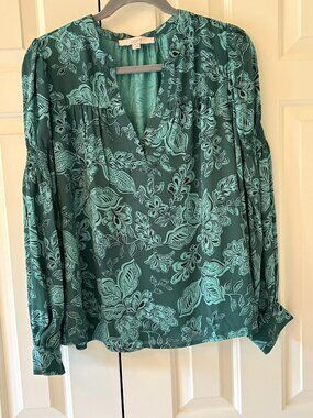 NWOT LOFT Vibrant Green Floral Popover Blouse Sz L